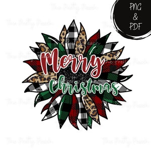 May include: A red, green, black, and white sunflower with a leopard print design. The sunflower has the words "Merry Christmas" in the center.