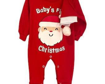 Baby's First Christmas Romper: 100% Cotton Sleepsuit & Hat Set