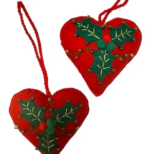 Handmade Felt Christmas Ornament: Heart with Holly Decor
