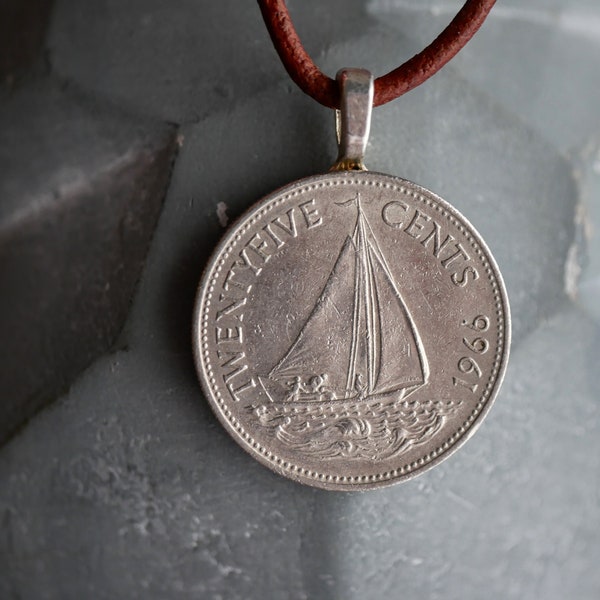 Bahamas Sailboat Coin Necklace, Foreign Coin Jewelry, Sailboat Necklace, Ocean Lover Jewelry, Beach Lover Necklace, Ocean Necklace, Travel