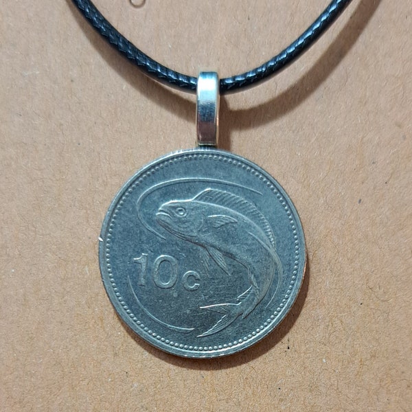 European Malta Coin Necklace Made with Genuine Maltese Foreign Coin Fish Fishing Jewelry Beautiful Silver Ocean Beach Necklace Gift Malta