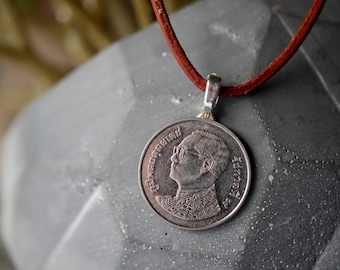 Thai Coin Necklace, Thailand Jewelry, Beloved Thai King Necklace, Thailand Pendant, Bhumibol Portrait, Asian Necklace, Asian Coin Necklace