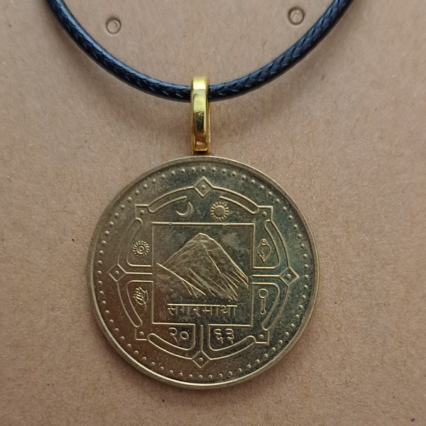 Nepal Mountain Coin Necklace Made with Genuine Nepalese Foreign Coin Antique Coin Beautiful Golden Sun and Moon Mountains Gift for Friend