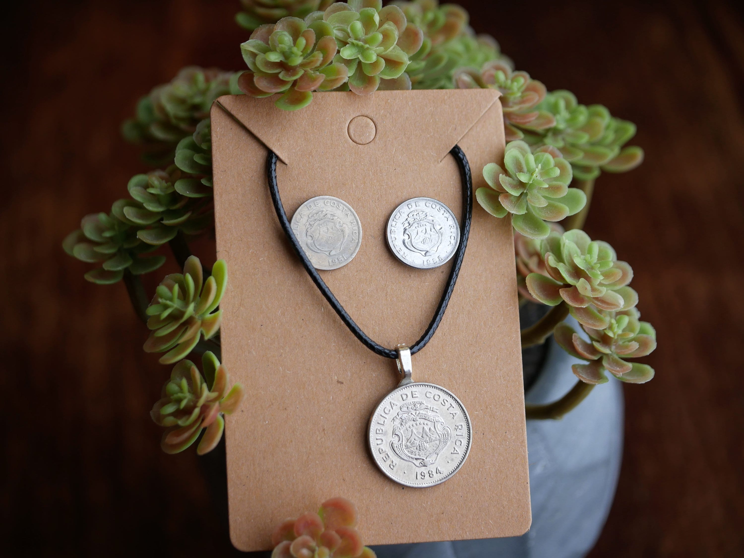 Costa Rican Coin Jewelry Set, Necklace and Earrings Made With