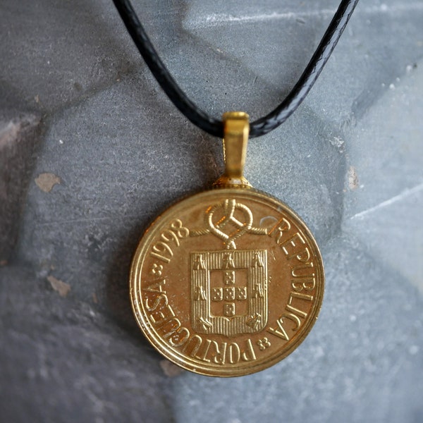 Portuguese Coin Necklace, Portugal Jewelry, Europe, European Foreign Coin Jewelry Shield Angola Cool Portuguese Pendant for Men