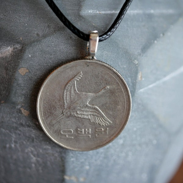 Korean Coin Necklace, Flying Crane Bird Pendant Cool Exotic Asian Bird Jewelry Necklace for Men Foreign Coin Necklace Genuine Korean Coins