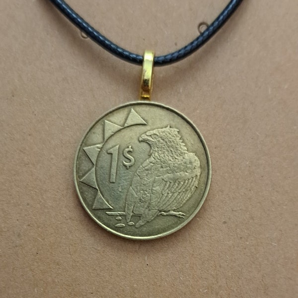 African Namibia Coin Necklace, Necklace Made with Namibian Coin from Africa Eagle and Sun Majestic National Bird Necklace Exotic Birds Gift
