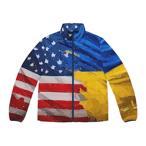 May include: A blue and red jacket with a zipper closure. The jacket has a design of the American and Ukrainian flags.