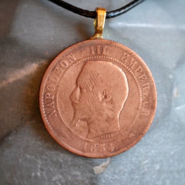 France 1800's French Coin Necklace, Napoleon III, Antique France Pendant Beautiful Old Antique Jewelry from History for Men Women
