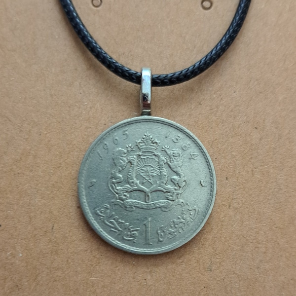 African Morocco Coin Necklace Made with Genuine Moroccan Foreign Coin Lions and Star National Crest North African French Arabic Jewelry