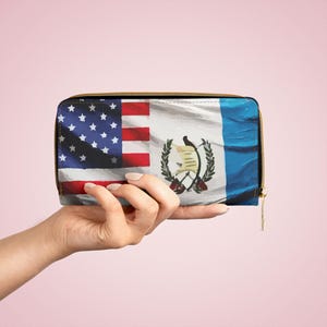 グアテマラの米国旗デザインのジッパー付き財布。アメリカのグアテマラの伝統の贈り物。文化的なお祝いやお祭りのためのユニークなラテン系の贈り物。