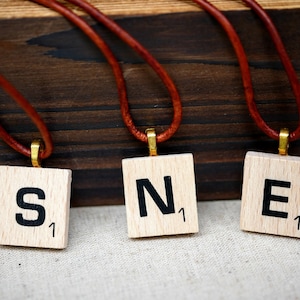 Scrabble Tile Initial Necklace: Personalized Letter Charm, 18&quot; Leather Cord