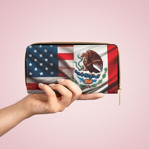 Portefeuille à fermeture éclair avec drapeaux du Mexique et des États-Unis, cadeau du patrimoine latino-américain, parfait pour les festivals et les célébrations
