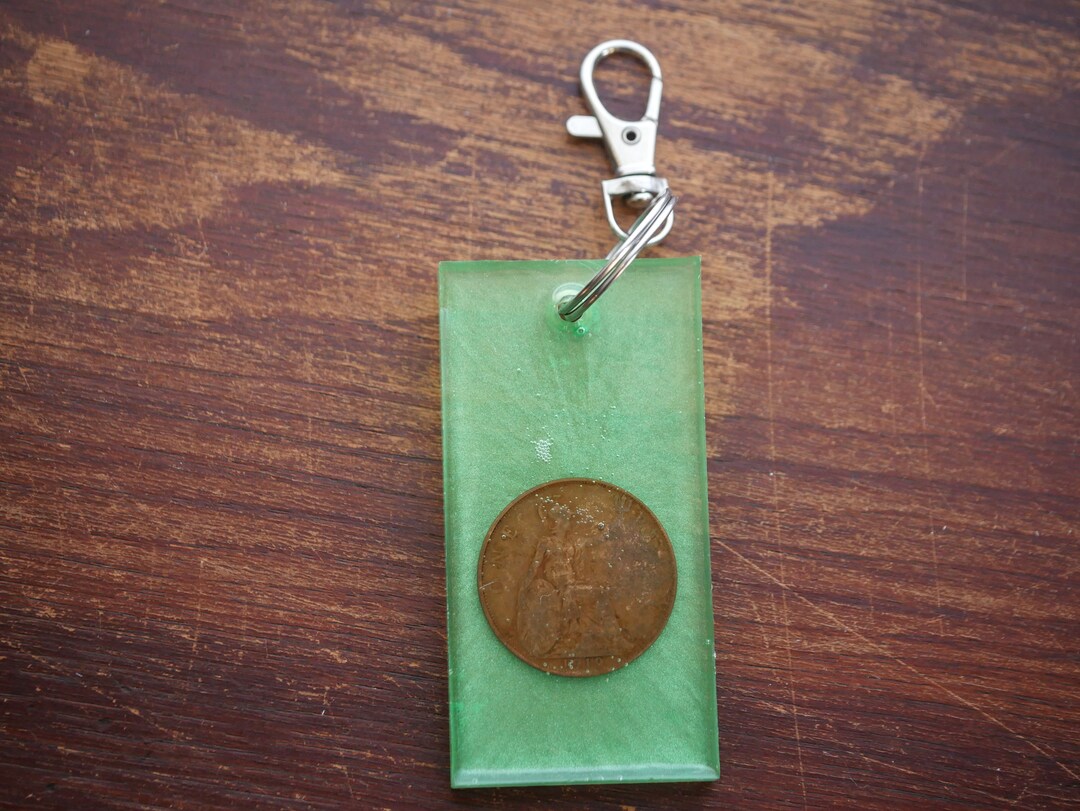 British Penny Keychain: Lime Green Resin, Genuine England Coin - Etsy