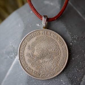 Mexican Eagle Coin Necklace: Genuine Foreign Coin, 20&quot; Leather Cord
