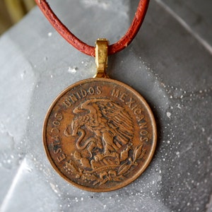 Mexican Eagle Coin Necklace: Genuine Foreign Coin, 20&quot; Leather Cord