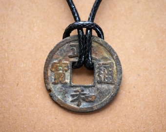 Chinese Coin Necklace, Asian Coin Necklace, Handmade Necklace, Leather Necklace, Men&#39;s Necklaces, Women&#39;s Necklace, Genuine Leather, Coin