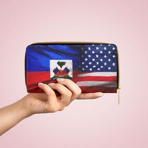 ハイチのアメリカ国旗デザインのジッパー付き財布。アメリカのハイチの伝統の贈り物。ハイチのお祝いやお祭りからの美しくユニークな贈り物。