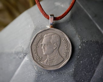 Thai Coin Necklace, Thailand Jewelry, Beloved Thai King Necklace, Thailand Pendant, Bhumibol Portrait, Asian Necklace, Asian Coin Necklace