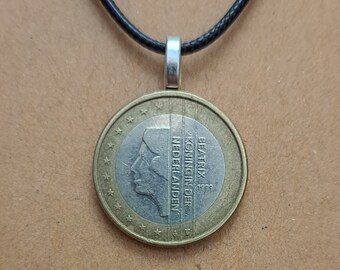 Dutch Coin Necklace: Netherlands Queen Beatrix, 20" Leather Cord