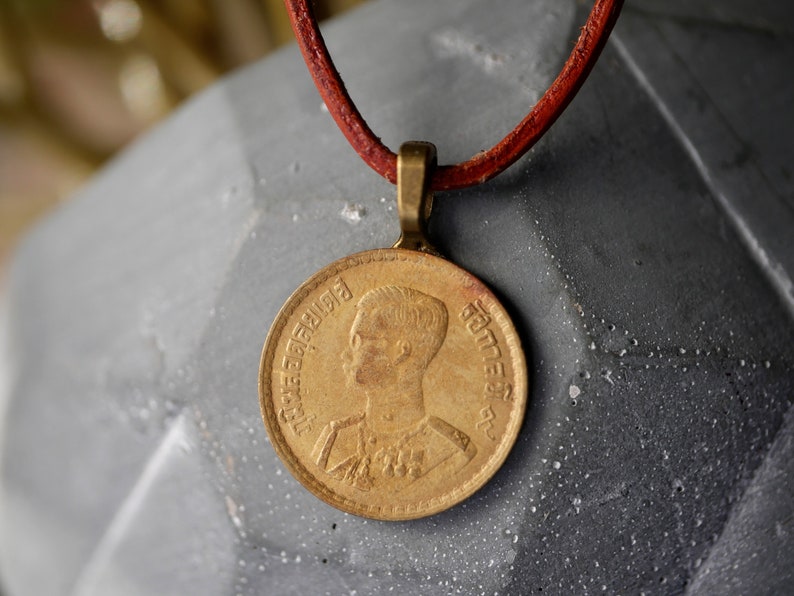 Thai Coin Necklace, Thailand Jewelry, Beloved Thai King Necklace, Thailand Pendant, Bhumibol Portrait, Asian Necklace, Asian Coin Necklace image 1