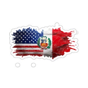 May include: A sticker featuring a distressed design that combines the American and Peruvian flags. The American flag portion is on the left, with the Peruvian flag on the right. The flags are outlined with a white border.