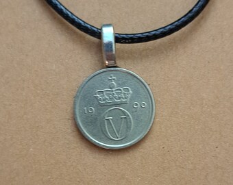 Swedish Crown Necklace Made with Genuine Foreign Coin From Sweden, Queen King Royalty Nordic Coin Jewelry Gift For Family "V" Crown Swede