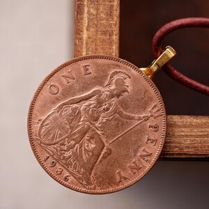 British Penny Necklace: Genuine England Coin Jewelry, 20&quot; Leather Cord