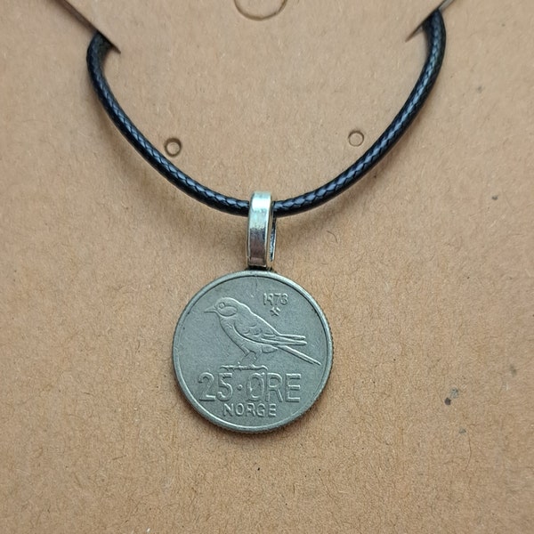 Norwegian Songbird Coin Necklace Made with Genuine Foreign Coin from Norway, Cute Little Bird Necklace Silver Sparrow Jewelry Love Bird