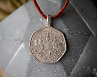 Caribbean Barbados Crest Coin Necklace, Foreign Coin, Island Jewelry, Vacation Cruise Souvenir, Coat of Arms Necklace, Fish and Bird