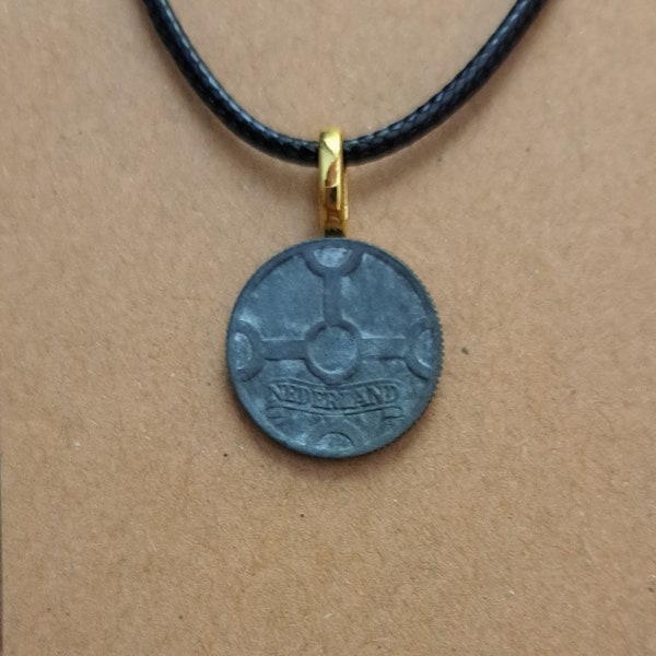 Netherlands Coin Necklace Made with Genuine Dutch Foreign Coin, Square Coin Cross Necklace Jewelry With Antique Black Coin Netherlands Gift