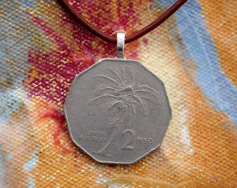 Philippines Coconut Palm Tree Necklace, Philippines Coin Necklace, Filipino Jewelry, Vacation Souvenir, Beach, Tropical Vacation Necklace