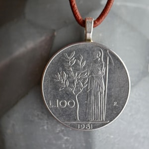 Italian Olive Tree Coin Necklace, Foreign Coin Jewelry, Mythology Jewelry, Travel Lover Jewelry, Italian Necklace, European Necklace