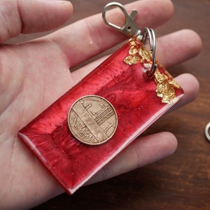 French Coin Keychain: Red Resin with Gold Flakes