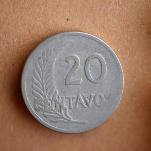 May include: A silver coin with a 20 on it and the word "TAVO" below it. The coin has a design of a branch with leaves on it.