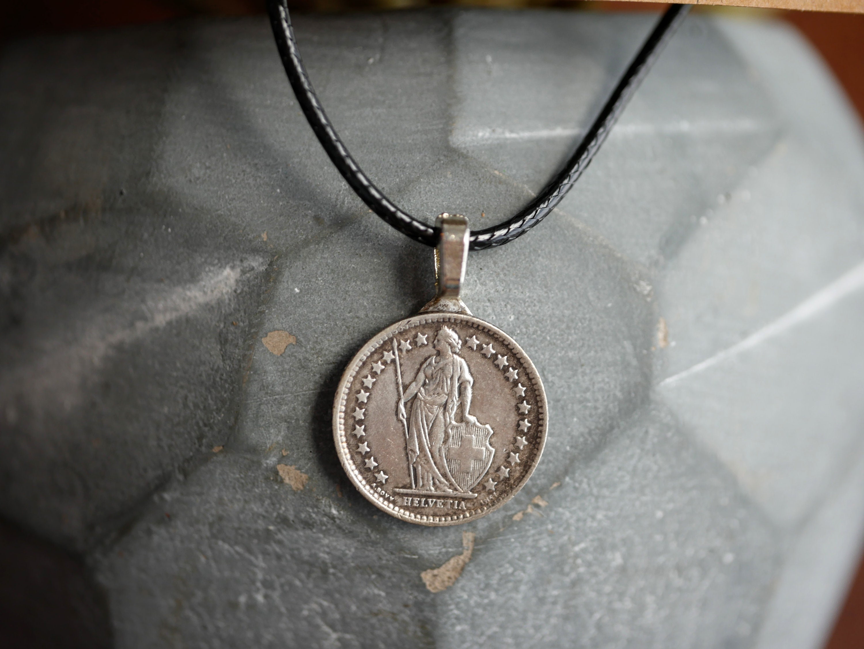 Swiss Coin Necklace: Lady Liberty, Shield & Stars - Cultural 