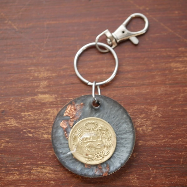 Peru Coin Keychain with Black Resin with Rose Gold Foil Flakes Genuine Foreign Coin South America Unique Beautiful Peruvian Culture Heritage