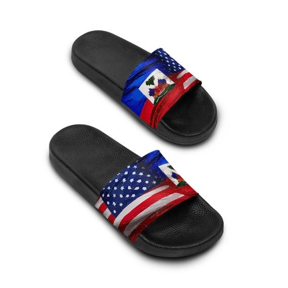 USA Haiti Flag Mens Slide Sandals: Patriotic Summer Slippers  display picture 3