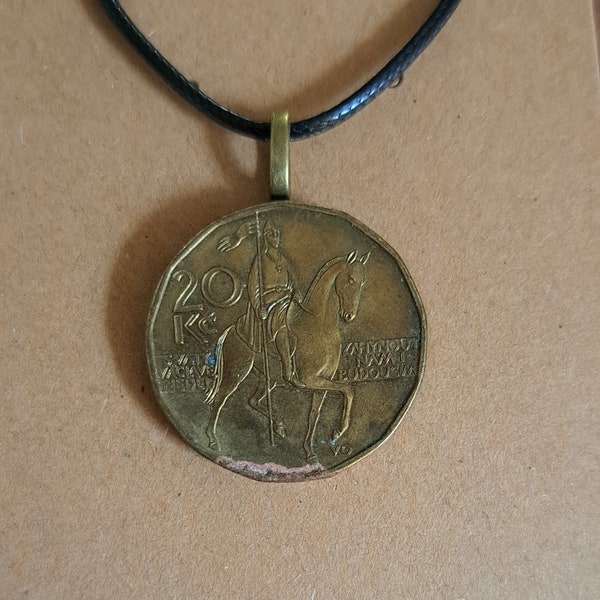 Czech Republic Knight Coin Necklace Made with Genuine Czech Foreign Coin Knights of Old Soldier Knight Riding a Horse Horseback Riding Kings