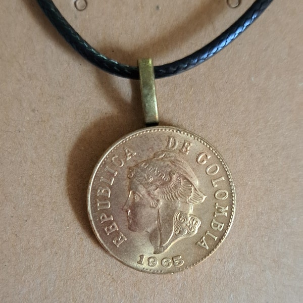 Columbia Coin Necklace Made with Genuine Columbian Foreign Coin Native Indigenous Poeple Warrior Traditional Lifestyle Jewelry South America