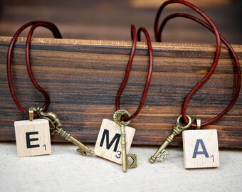 Scrabble Necklace with Key Charm, Key Necklace, Charm Necklace, Initial Necklace, Letter Necklace, Name Necklace, Alphabet Necklace