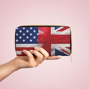 アメリカ、イギリスの国旗デザインのジッパー付き財布。アメリカ、イギリスの伝統を女性に贈るギフト。お祝いやお祭りにぴったりの愛国的な英国国旗。