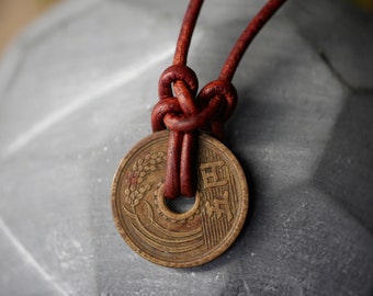 Japanese Coin Necklace, Asian Coin Necklace, Handmade Necklace, Leather Necklace, Men's Necklaces, Women's Necklace, Genuine Leather, Coin