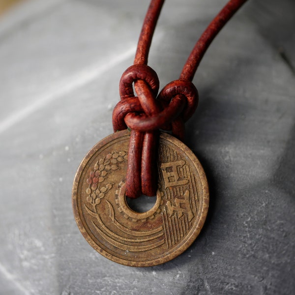 Japanese Coin Necklace, Asian Coin Necklace, Handmade Necklace, Leather Necklace, Men's Necklaces, Women's Necklace, Genuine Leather, Coin