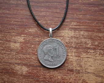 Philippines Coin Necklace: Filipino Man Portrait, Leather Cord