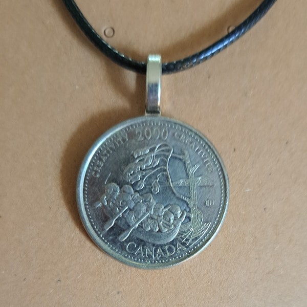 Canada Coin Necklace Made with Genuine Canadian Coin Pine Trees and Canoe Canadian Wildlife Camping Outdoors Gift Nature Beauty of Canada