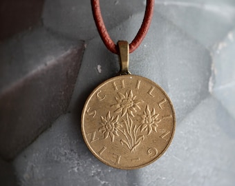 Austrian Edelweiss Necklace, Foreign Coin Jewelry, Flower Necklaces, Sound of Music Necklace, Flower Pendant, Jewelry from Austria