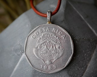 Costa Rica Mountains Coin Necklace, Costa Rica Gifts, Foreign Coin Jewelry, Foreign Coin Necklace, Spanish Jewelry, Ship Jewelry, Ship Gifts