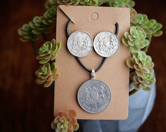 Kenyan Coin Jewelry Set, Genuine Foreign Coin Necklace and Earrings From Africa African Lion Jewelry Set Safari Animals from Kenya Wildlife