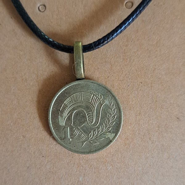 European Cyprus Coin Necklace Made with Genuine Foreign Coin Bird Tucan Exotic Bird Drawing Gift from Cyprus for Friend or Girlfriend Bronze